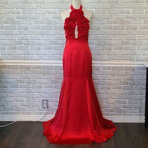 Red Satin Mermaid Rosette Halter Maxi Dress w/ Train Glam Party Dance NEW Medium